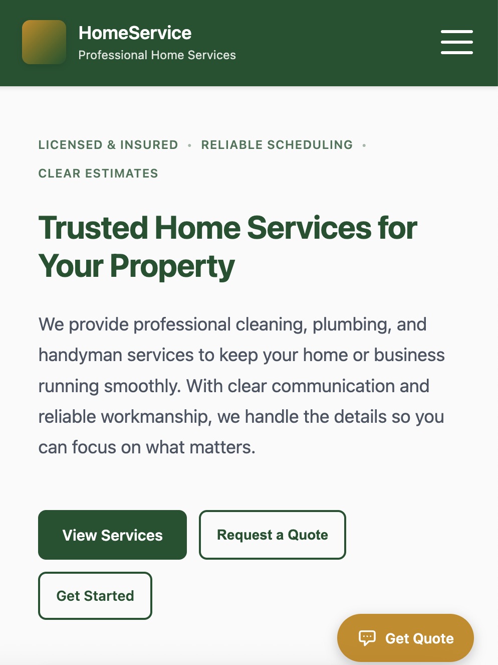 Home Service Standard mobile demo preview